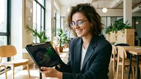 Professional businesswoman with glasses using tablet in modern office workspace with plants and natural lighting for corporate presentations.