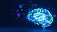 Digital brain with glowing neural networks on dark blue background with bokeh lights for artificial intelligence and technology concepts.