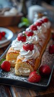 Fresh strawberry cream roll cake with whipped topping and powdered sugar on dark plate. Close up view of homemade pastry dessert with ripe berries.