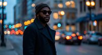 Young African American man in winter coat and beanie walking through urban city street at dusk with bokeh lights creating atmospheric evening scene for lifestyle content.