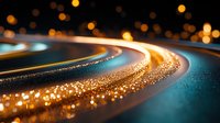 Curved light trails with golden bokeh effect on dark turquoise background create dynamic motion and energy composition for technology and innovation concepts.