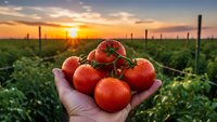 Fresh ripe tomatoes in farmer hands at sunset in agricultural field. Organic harvest concept for healthy eating and sustainable farming practices.