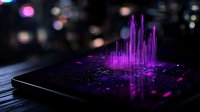 Glowing purple digital columns rise from dark smartphone screen with bokeh light effects, creating futuristic visualization of data or music concept.