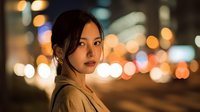 Young Asian woman with dark hair in casual beige clothing standing on city street at night with warm bokeh lights and traffic blur in urban background.