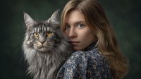 Young woman with long blonde hair wearing floral dress poses with majestic grey Maine Coon cat against dark green background in atmospheric portrait.
