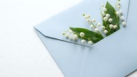 Lily of the valley flowers tucked inside a light blue envelope on a white surface, evoking spring romance and tender greetings.