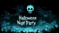 Spooky glowing skull and Halloween night party text against dark cloudy sky with stars and grass silhouettes, creating eerie atmospheric scene in turquoise and black colors.