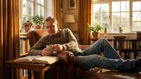 Middle-aged Caucasian man relaxing with coffee in cozy home library, reading by window with warm natural light, comfortable lifestyle and leisure time.
