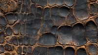 Dramatic dark cracked surface with golden brown veins creating organic cellular pattern. Abstract textural background showing natural weathered and aged material structure.