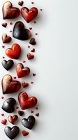 Romantic border design with glossy red and black chocolate hearts on white background, perfect for Valentine's Day cards, wedding invitations, and love-themed designs.