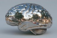 Metallic brain model reflecting suburban street scene with houses and cars, symbolizing memory, cognition, and community connection.