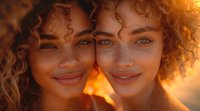 Beautiful young African American and mixed race women with curly hair and freckles smiling at sunset. Natural beauty portrait perfect for beauty and lifestyle advertising.