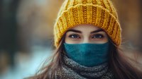Young woman wearing yellow knit beanie and teal face mask in winter setting, with soft bokeh background and warm atmospheric lighting. Close up portrait shows expressive eyes.