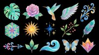 Colorful watercolor design elements including tropical leaves, flowers, hummingbird, wings, feathers, sun, and butterfly. Isolated on transparent background, ready for t-shirts, clipart, stickers, and print-on-demand projects.