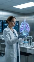 Female doctor examining holographic lung projection in modern medical laboratory for respiratory health research and pulmonology diagnosis.