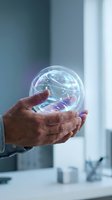 Hands holding glowing holographic brain with neural networks and connections floating above palms in modern medical office environment.