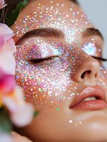 Close up of face with holographic glitter makeup around eyes and cheeks, soft natural lips, closed eyes with long lashes, surrounded by pink flower petals.