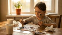Young girl with paintbrush creating watercolor artwork at wooden table by sunny window. Child artist painting colorful picture in cozy home interior.