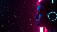 Young African American woman with headphones in profile against neon pink and blue cyberpunk lighting with floating particles for gaming and music content.