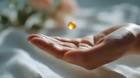 Glowing golden drop of oil or essence hovering above an open palm against soft white fabric background, suggesting wellness, skincare, or aromatherapy concept.