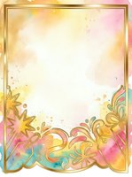 Ornate golden frame with watercolor pastel background, decorative flourishes and stars, isolated on white for invitations, greeting cards, posters, and design projects.