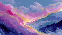 Vibrant mountain landscape with pink purple sunset sky and layered peaks creating dramatic valley vista for nature and travel designs.
