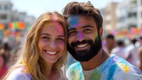 Young diverse couple with colorful powder on faces smiling at Holi festival celebration, showing joy and happiness during traditional Indian spring color festival.