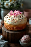 Traditional Easter cake with white frosting and colorful sprinkles decorated with pink flowers, served on wooden stand next to painted egg, moody lighting.