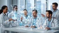 Medical team analyzing holographic data displays in modern hospital conference room with digital healthcare technology interface.