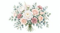Watercolor wedding bouquet with blush pink roses, white peonies and eucalyptus leaves isolated on white background for romantic floral design projects.
