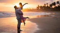Happy couple embracing on tropical beach at golden sunset with palm trees and ocean waves creating romantic vacation moment for honeymoon or anniversary celebration.