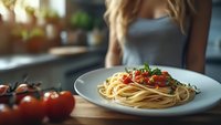 Young woman enjoying fresh spaghetti pasta with tomato sauce and herbs in modern kitchen. Homemade Italian cuisine meal preparation and healthy eating lifestyle.
