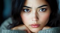 Close up portrait of young Asian woman with intense brown eyes and natural makeup wearing gray sweater, soft lighting creates dramatic mood and atmosphere.