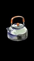 Watercolor tea kettle with wooden handle, isolated on transparent background. Great for kitchen clipart, stickers, t-shirt design, print on demand, and sublimation projects.
