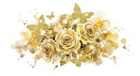Golden roses with glittery butterflies in watercolor style on white background, isolated floral arrangement for wedding invitations and romantic designs.