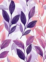 Elegant botanical pattern with purple, pink, and lavender leaves on white background, creating a dreamy floral design for fabric or wallpaper.