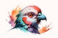 Vibrant artistic portrait of a falcon head with watercolor splash effects, featuring turquoise, orange, and purple tones perfect for modern wildlife art prints and creative design projects.