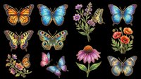 Colorful butterflies and wildflowers isolated on transparent background, ready for t-shirt design, clipart, stickers, sublimation, print-on-demand products and digital crafts.