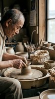 Senior Asian male potter crafting clay vessel on spinning wheel in traditional ceramic workshop studio with natural lighting and handmade pottery tools.