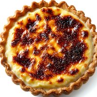 French custard tart with caramelized sugar top and fluted pastry crust on white background isolated for culinary design and restaurant menu use.