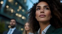Young African American businesswoman with curly hair looking up confidently against blurred urban background with bokeh lights, wearing green blazer.