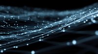Abstract flowing light trails with glowing particles on dark background for technology and digital design projects.