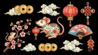 Lunar New Year decorative elements collection featuring traditional Asian symbols including gold coins, clouds, red lanterns, ornamental knots, flowering branches, decorative rat, folding fan, and tasseled ornaments on transparent background. Ready for t-shirt design, clipart, stickers, sublimation, and print-on-demand projects.