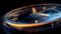 Glowing circular lines with golden light trails creating dynamic motion effect against dark background, abstract technological or futuristic concept design element.