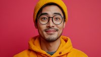 Young Asian man wearing yellow beanie and hoodie smiling cheerfully against red background, expressing positive emotions and happiness in casual modern style.