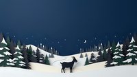 Silhouette of a deer standing in snowy winter landscape with evergreen trees and crescent moon at night for holiday and seasonal designs.