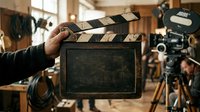 Filmmaker holding film clapperboard on movie set with professional camera and lighting equipment in studio production environment.
