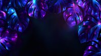 Vibrant monstera leaves in neon purple and blue colors create mystical tropical frame on dark background, glowing effect adds futuristic atmosphere.