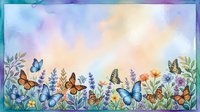 Watercolor garden border with colorful butterflies and wildflowers on pastel background for spring design projects and nature themed decorations.