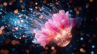 Glowing pink jellyfish with luminescent tentacles floating in dark waters amid sparkling bokeh lights and magical bioluminescent particles. Underwater fantasy scene.